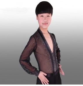 Black white red royal blue v neck see through material boys kids children rhinestones  competition performance  school play professional long sleeves tops shirts ourfits